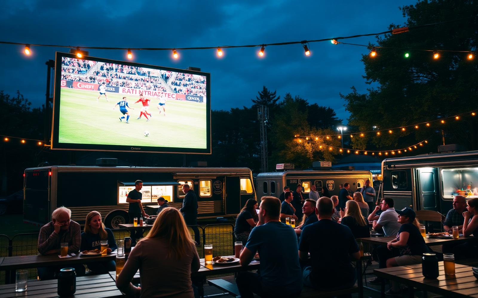 Outdoor big screen showing a sports game at The Yard