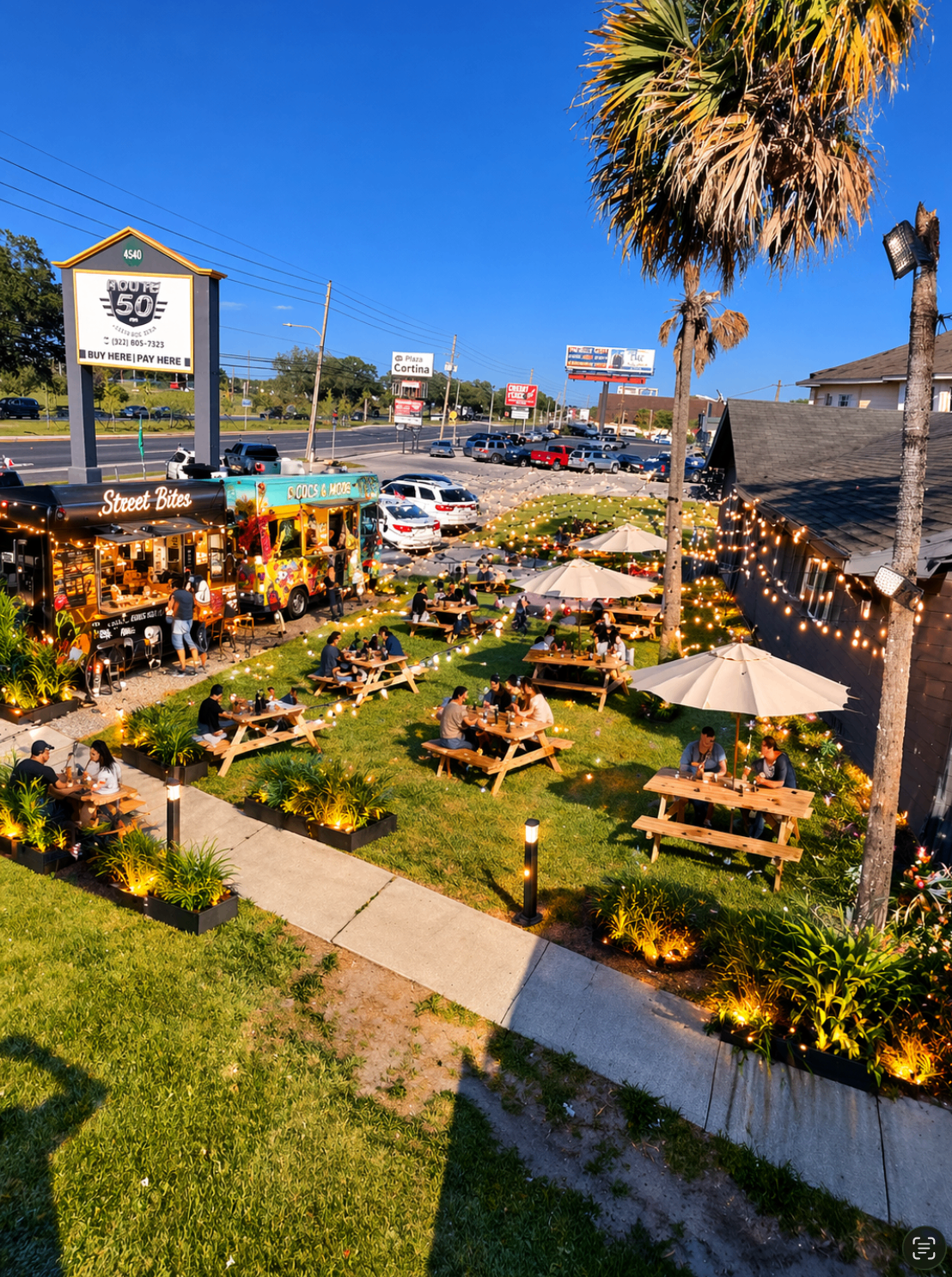 Daytime view of food trucks Street Bites and Coco's & More with garden seating at The Yard 4540
