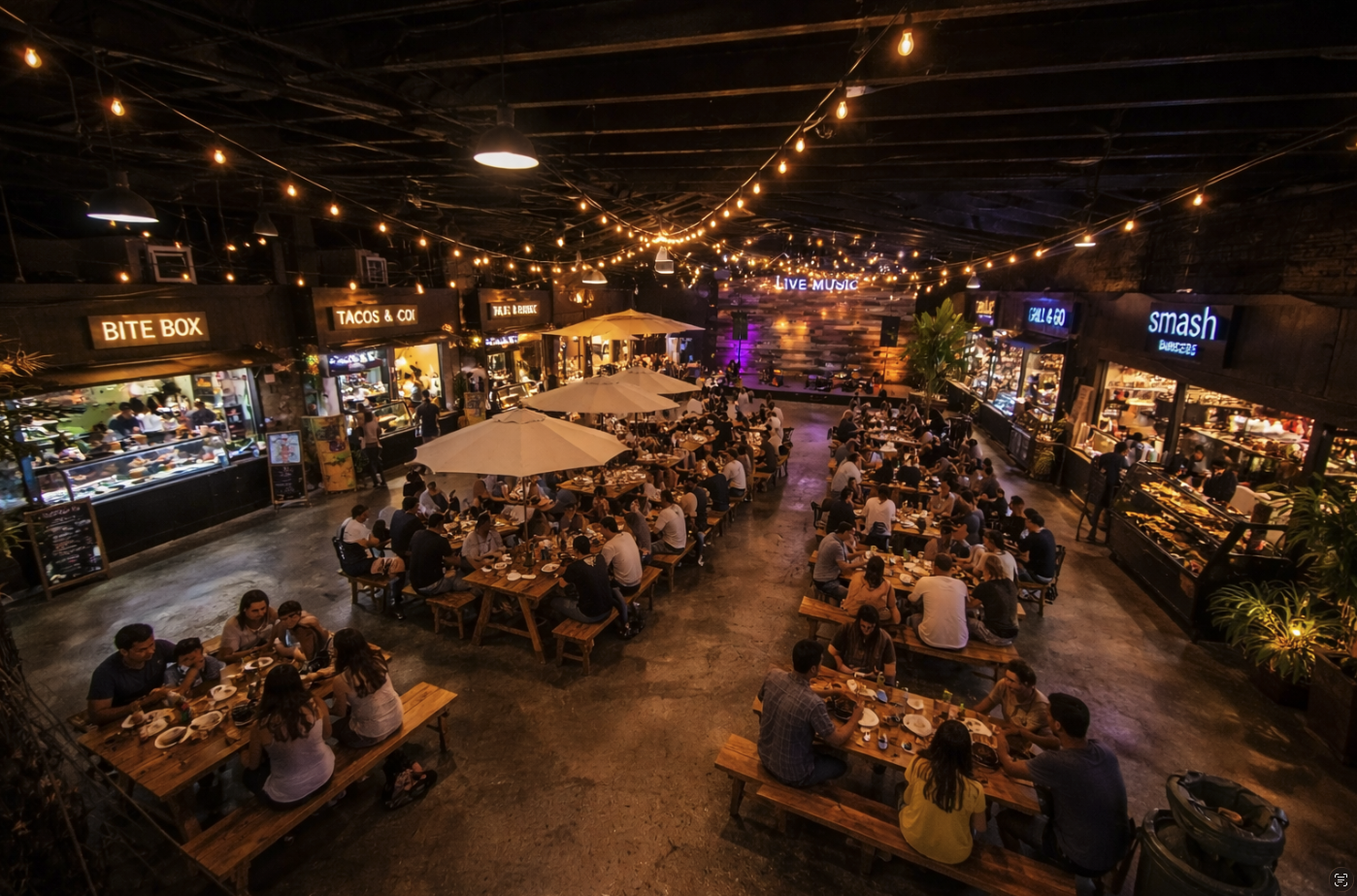 Packed picnic tables inside The Yard 4540 food hall with Live Music stage in the background