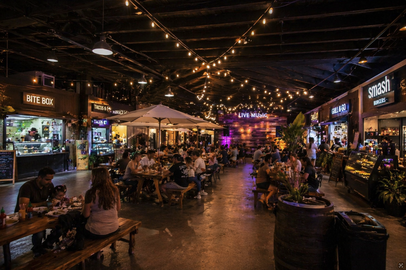 Inside The Yard 4540 food hall with Bite Box, Tacos & Co, Grill & Go and Smash Burgers stalls under string lights